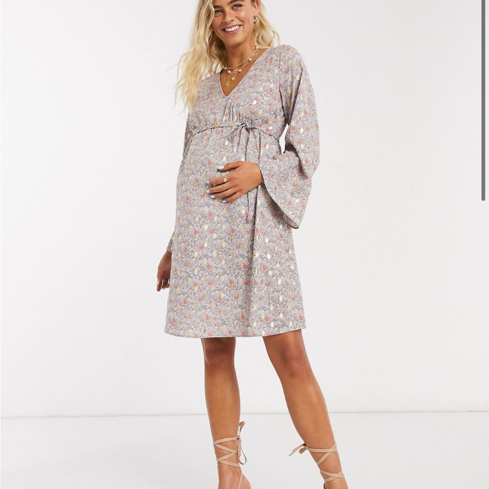 Maternity mini dress with v neck and flute sleeves in gold foil print